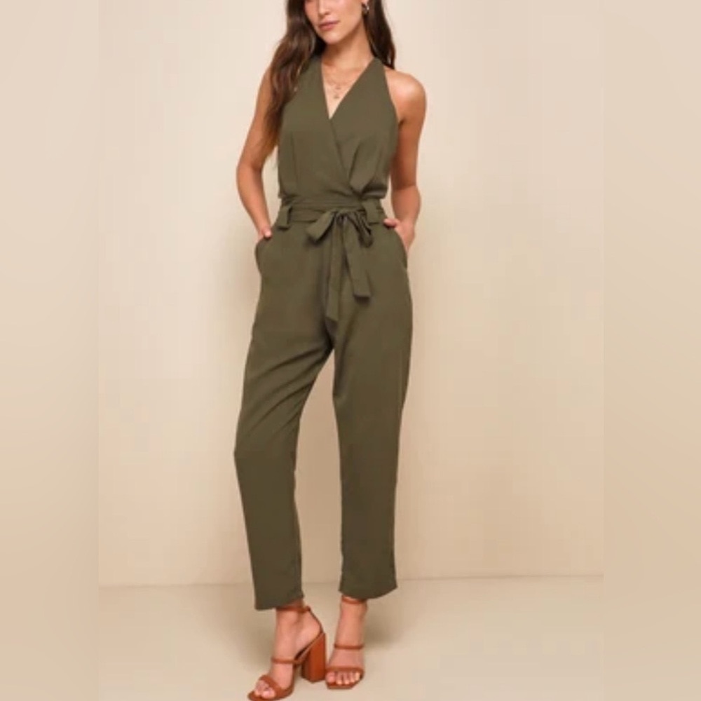 Olive Green Surplice Sleeveless Jumpsuit